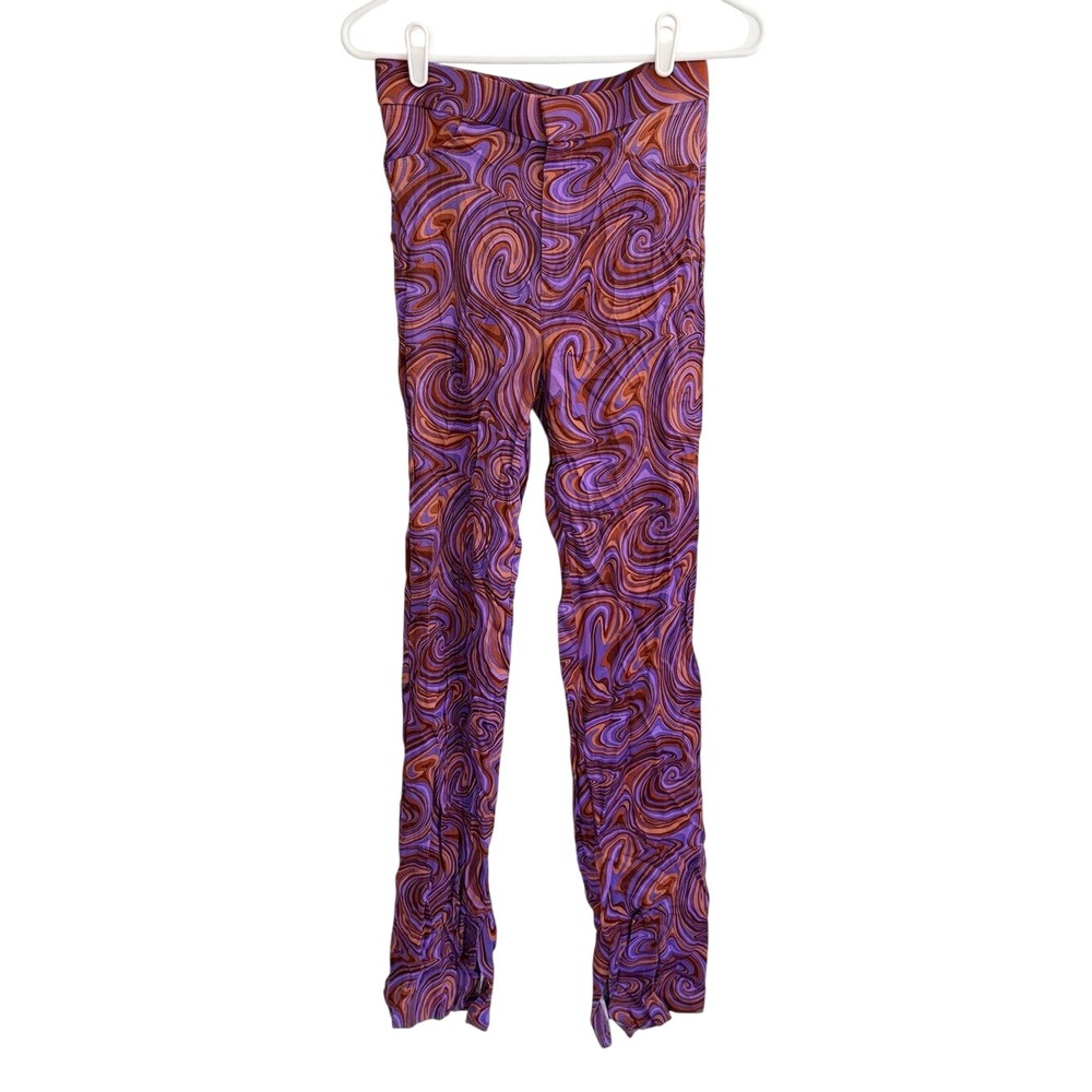Zara NWT Retro Swirl Print High Rise Flare Pants Purple Brown Size S